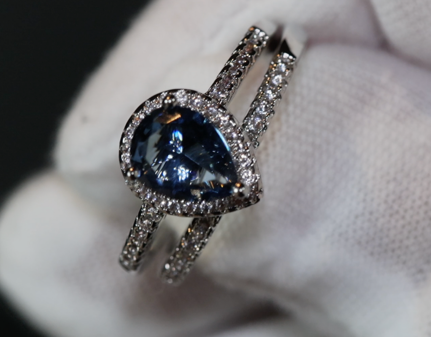 Teal Blue Diamond Ring | Blue Diamond Wedding Ring Set |  Pear Shape Ring | Teardrop Ring