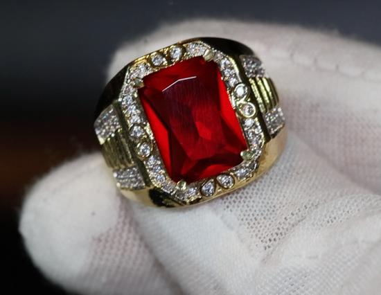 Big Iced Out Ring | Big Gold Diamond Ring | Ruby Ring | Mens Ruby Diamond Ring