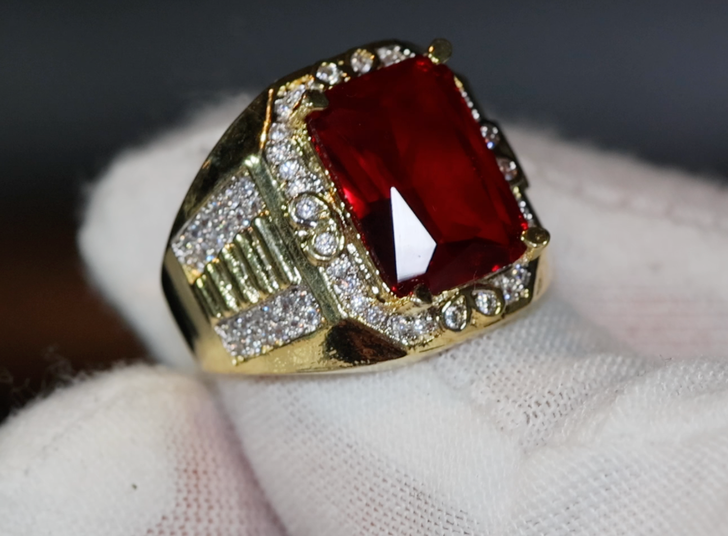 Big Iced Out Ring | Big Gold Diamond Ring | Ruby Ring | Mens Ruby Diamond Ring