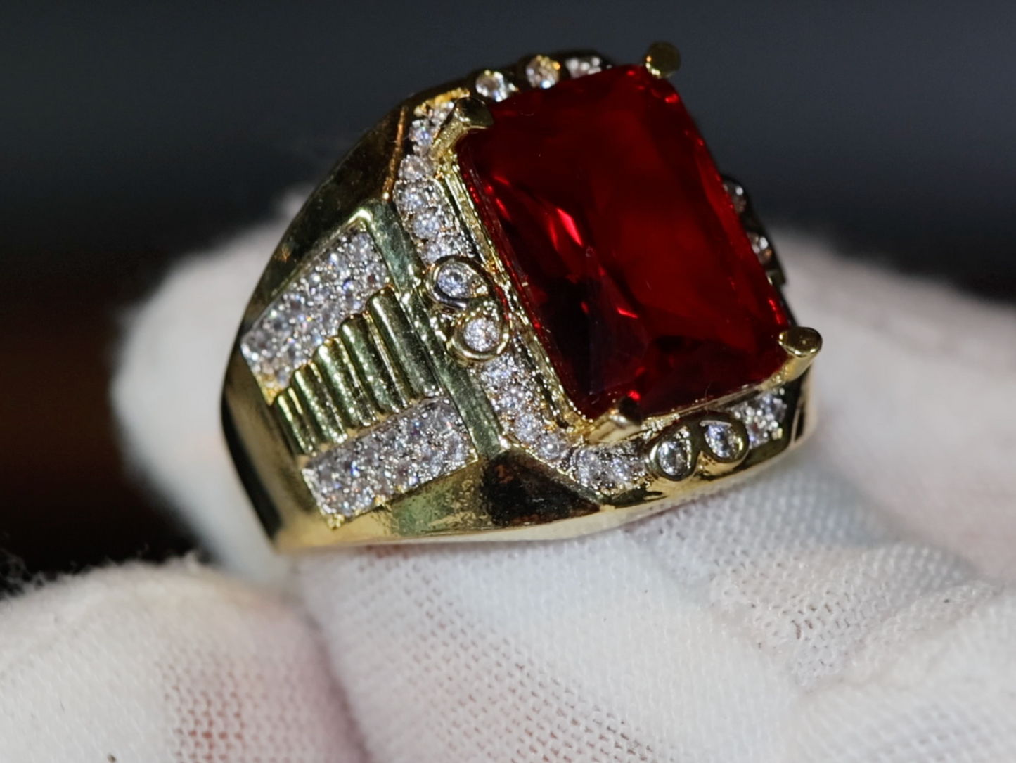 Big Iced Out Ring | Big Gold Diamond Ring | Ruby Ring | Mens Ruby Diamond Ring