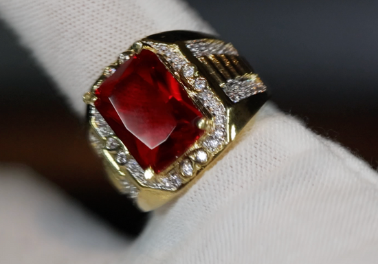 Big Iced Out Ring | Big Gold Diamond Ring | Ruby Ring | Mens Ruby Diamond Ring