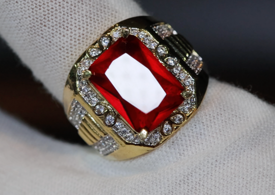 Big Iced Out Ring | Big Gold Diamond Ring | Ruby Ring | Mens Ruby Diamond Ring