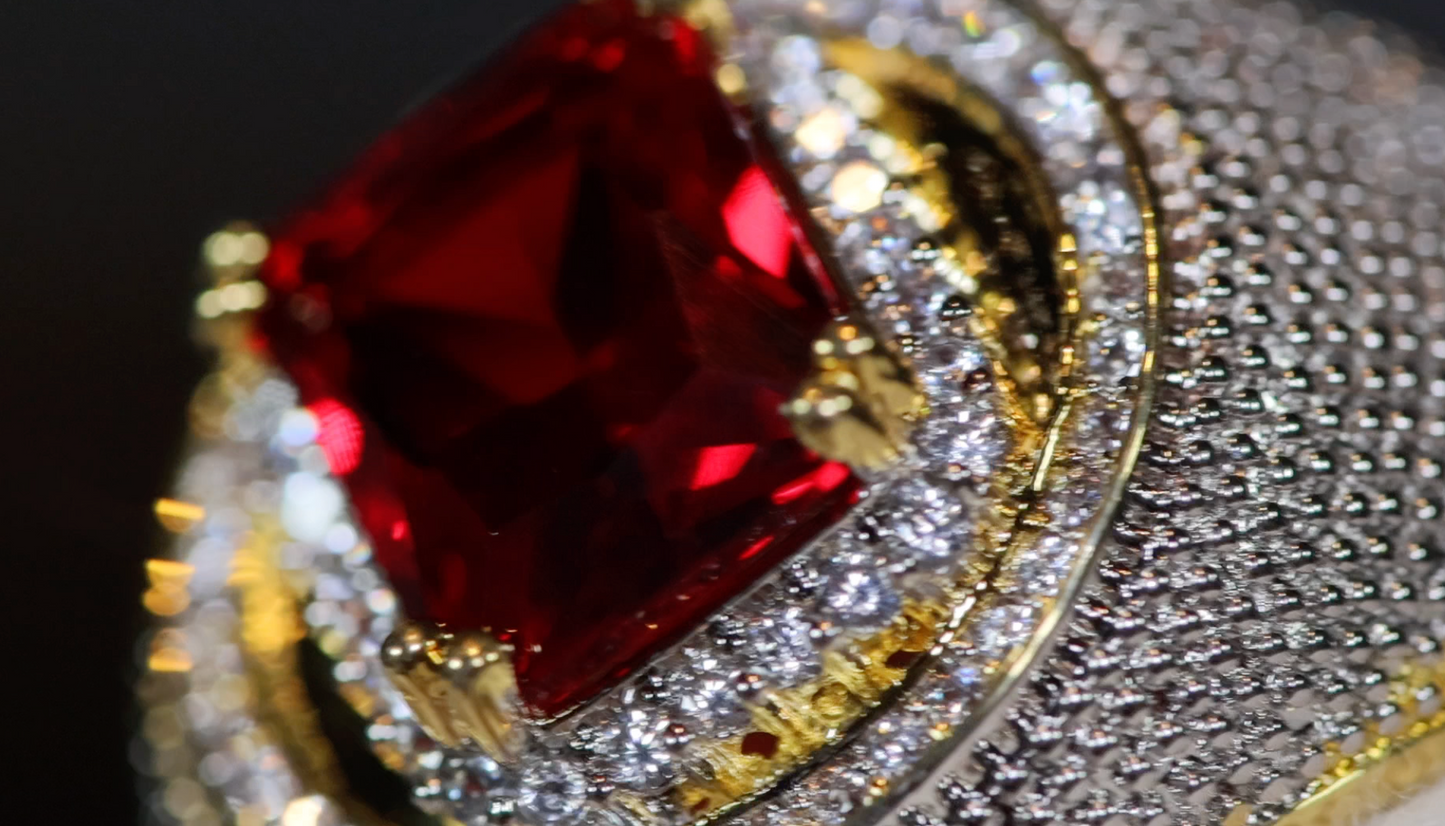 Big Iced Out Ring | Big Gold Diamond Ring | Ruby Ring | Ruby Diamond Ring | Ruby and Diamond Ring | Red Diamond Ring |  Iced Out Ring