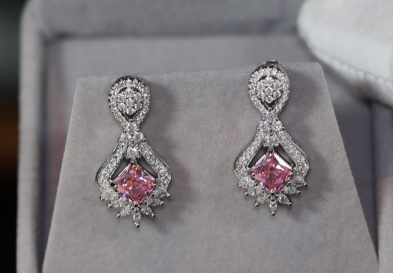 Drop Earrings | Princess Cut Diamond Earrings | Pink Diamond Earrings | Classy Diamond Earrings | Womens Earrings | Dangle Earrings