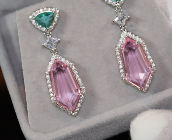 Pink Diamond Earrings | Green Diamond Earrings | Womens Earrings | Halo Earrings | Dangle Earrings | Summer Earrings | Pink Earrings