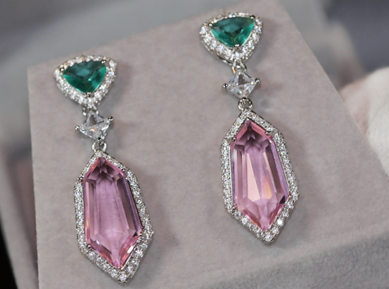 Pink Diamond Earrings | Green Diamond Earrings | Womens Earrings | Halo Earrings | Dangle Earrings | Summer Earrings | Pink Earrings