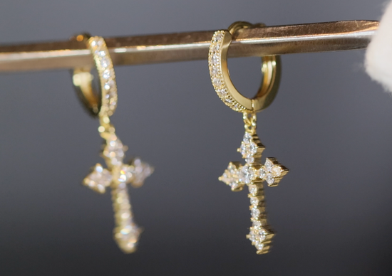 Mens Gold Cross Earrings | Cross Earrings Men | Diamond Cross Earrings | Womens Cross Hoop Earrings | Gold Cross Earrings | Iced Out Earrings