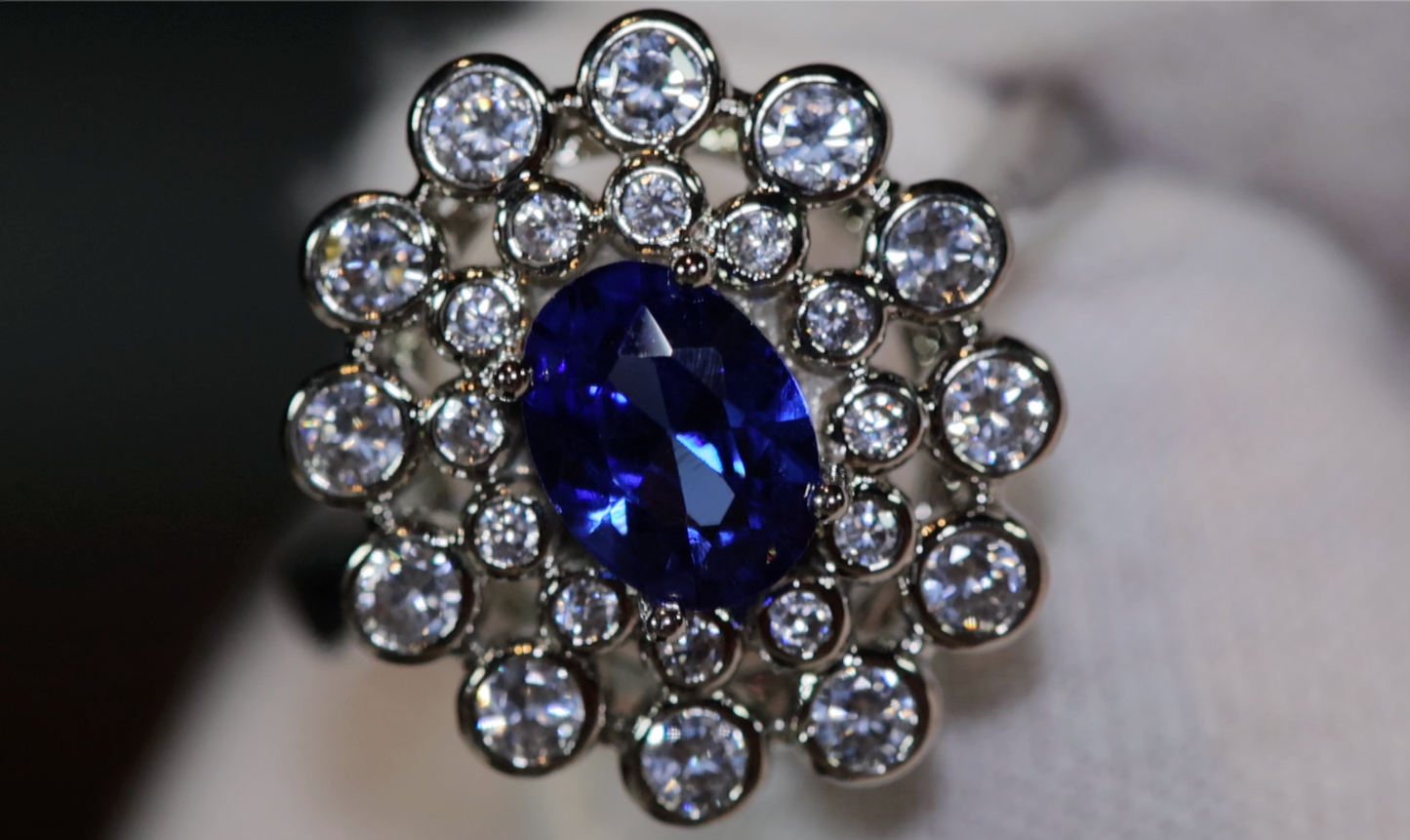 Sapphire Blue Diamond Ring | Blue Oval Diamond Flower Ring