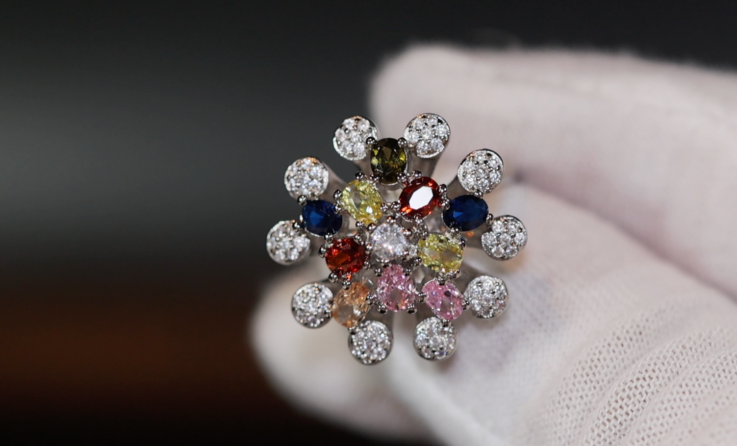 Multi Colured Diamond Ring | Rainbow Diamond Rings | Womens Flower Diamond Ring