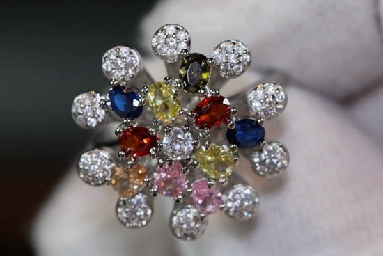 Multi Colured Diamond Ring | Rainbow Diamond Rings | Womens Flower Diamond Ring