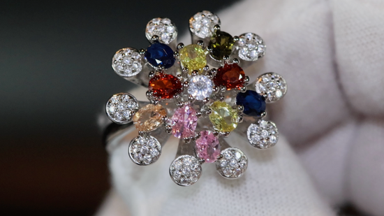 Multi Colured Diamond Ring | Rainbow Diamond Rings | Womens Flower Diamond Ring