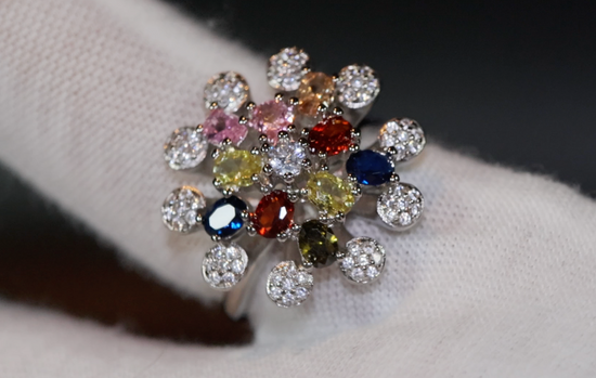 Multi Colured Diamond Ring | Rainbow Diamond Rings | Womens Flower Diamond Ring