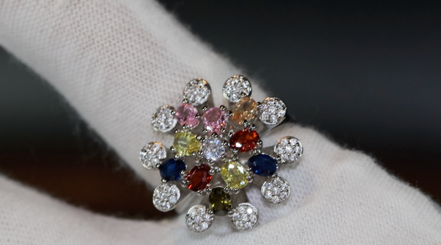 Multi Colured Diamond Ring | Rainbow Diamond Rings | Womens Flower Diamond Ring