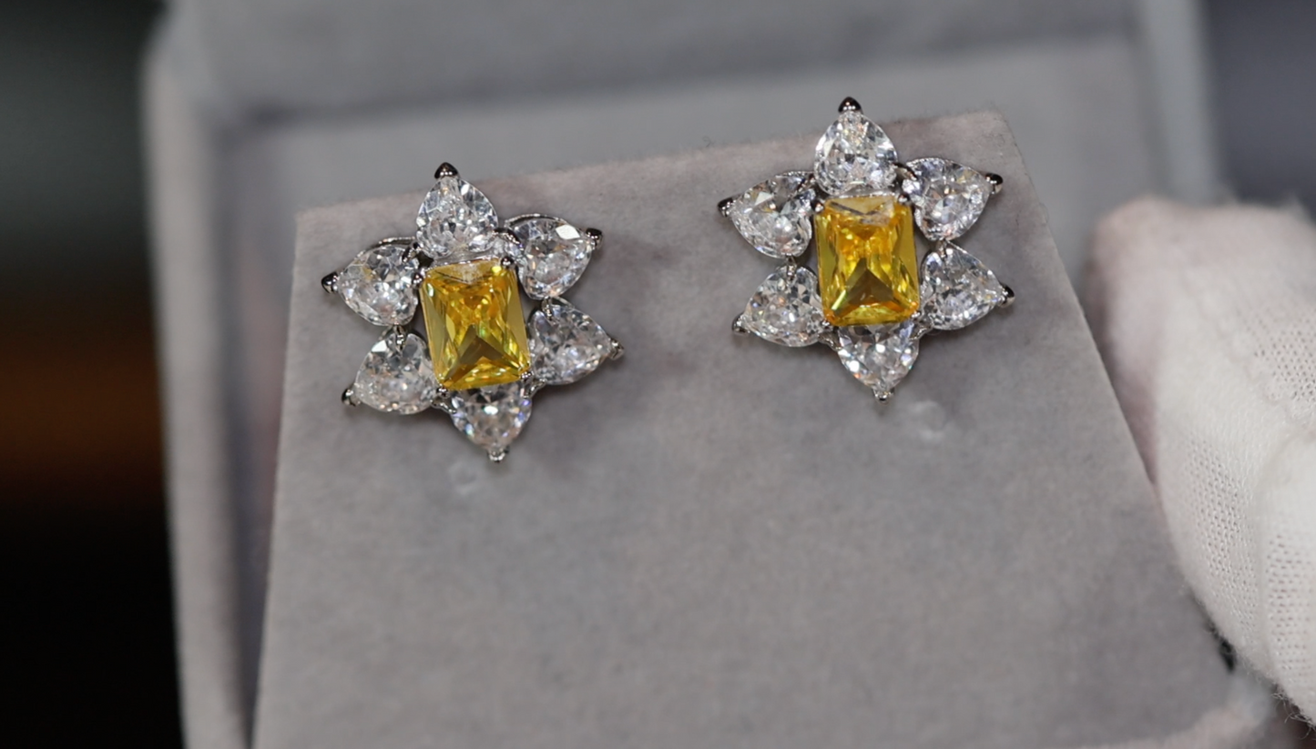 Yellow Diamond Ear Studs | Yellow Diamond Earrings | Yellow Earrings | Flower Stud Earring