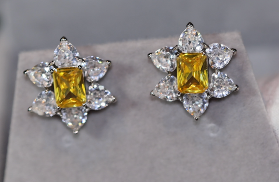 Yellow Diamond Ear Studs | Yellow Diamond Earrings | Yellow Earrings | Flower Stud Earring