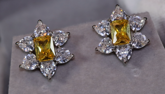 Yellow Diamond Ear Studs | Yellow Diamond Earrings | Yellow Earrings | Flower Stud Earring