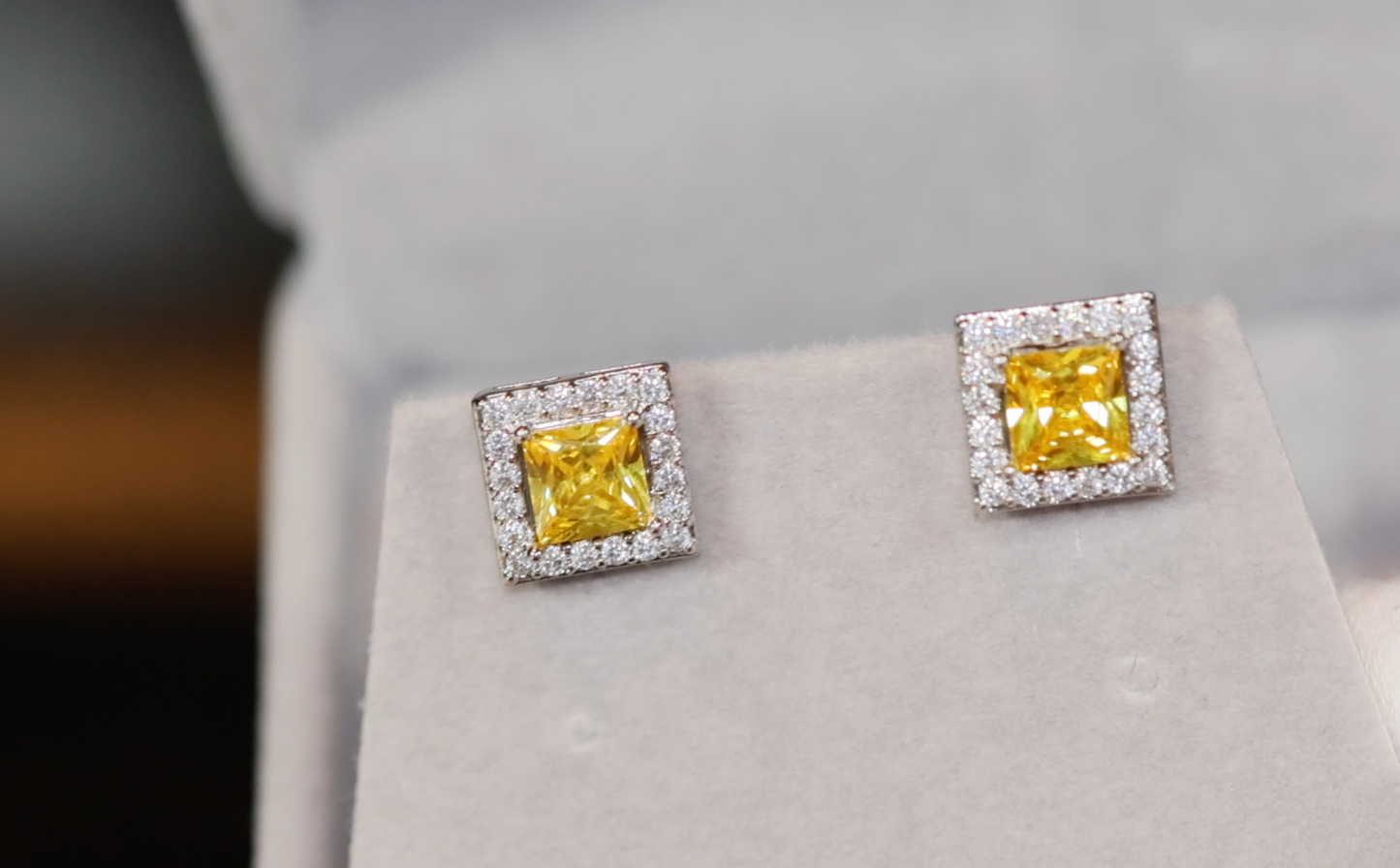 Womens Ear Studs | Princess Cut Ear Studs | Yellow Diamond Ear Studs | Yellow Diamond Earrings