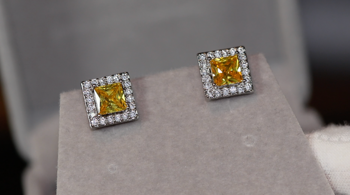 Womens Ear Studs | Princess Cut Ear Studs | Yellow Diamond Ear Studs | Yellow Diamond Earrings