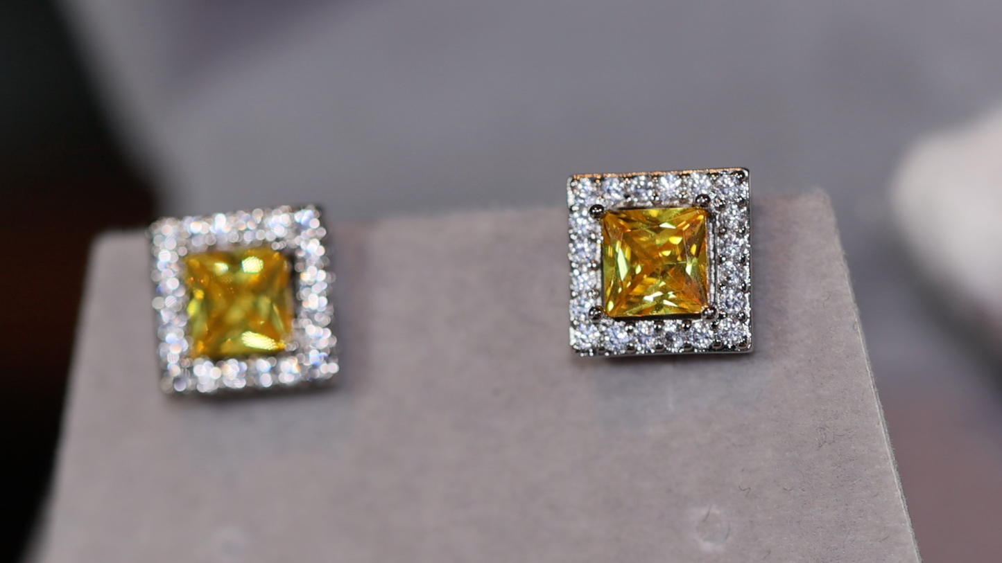 Womens Ear Studs | Princess Cut Ear Studs | Yellow Diamond Ear Studs | Yellow Diamond Earrings