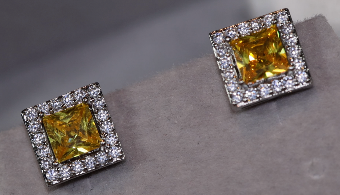 Womens Ear Studs | Princess Cut Ear Studs | Yellow Diamond Ear Studs | Yellow Diamond Earrings