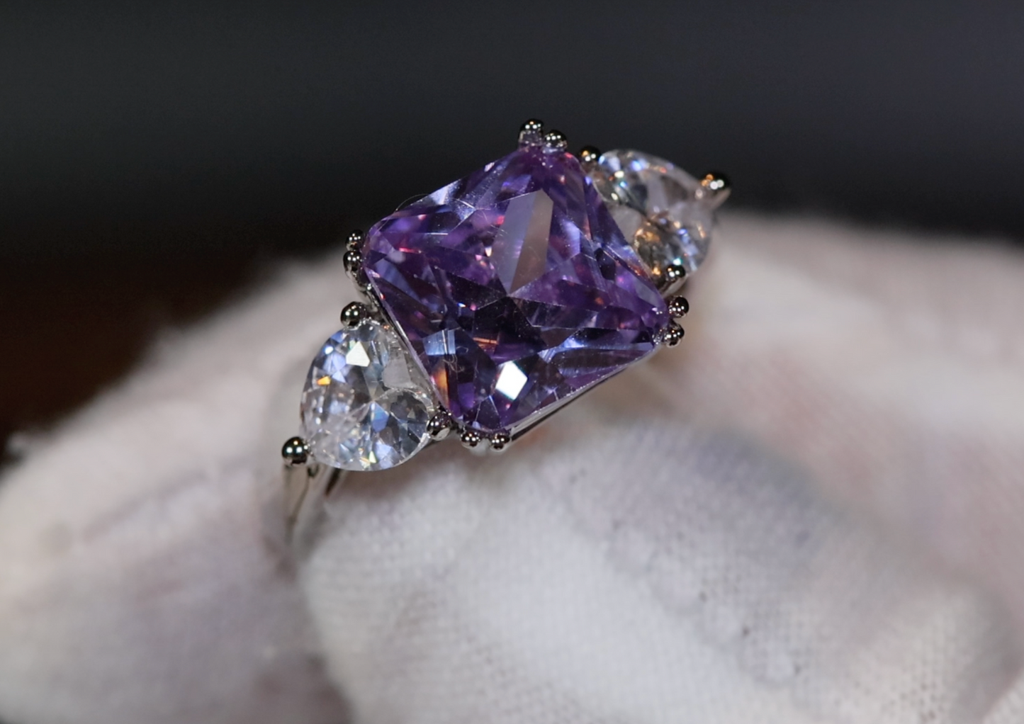 Three Stone Ring | Purple Diamond Ring | Womens Purple Engagement Ring