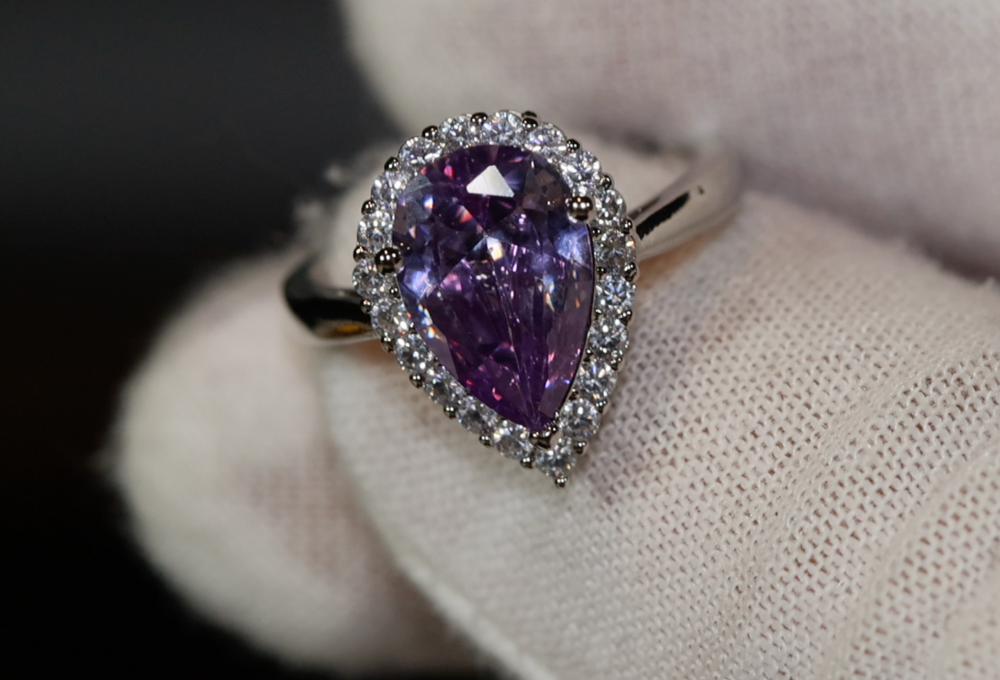 Purple Diamond Ring | Teardrop Ring | Pear Shape Ring | Halo Engagement Ring