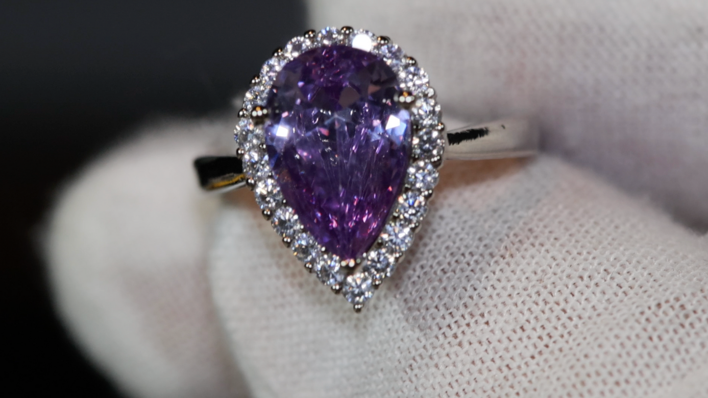 Purple Diamond Ring | Teardrop Ring | Pear Shape Ring | Halo Engagement Ring