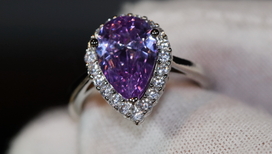 Purple Diamond Ring | Teardrop Ring | Pear Shape Ring | Halo Engagement Ring