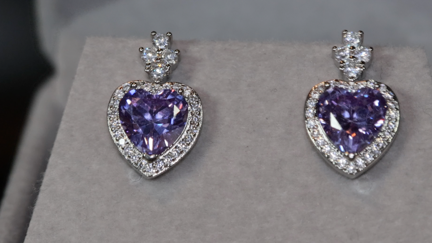 Heart Earrings | Purple Diamond Heart Ear Studs | Ear Studs | Heart Ear Studs