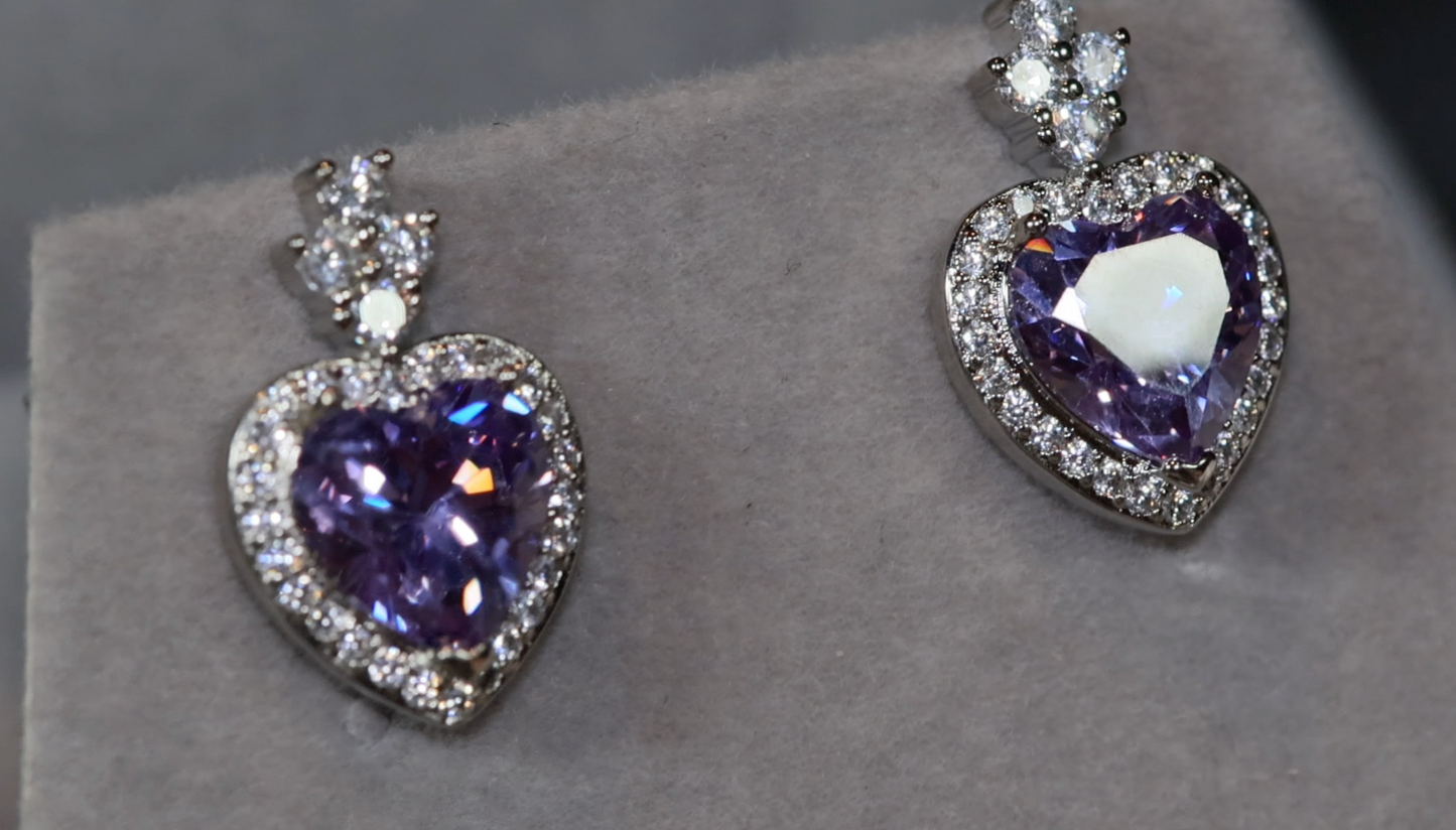 Heart Earrings | Purple Diamond Heart Ear Studs | Ear Studs | Heart Ear Studs