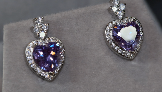 Heart Earrings | Purple Diamond Heart Ear Studs | Ear Studs | Heart Ear Studs