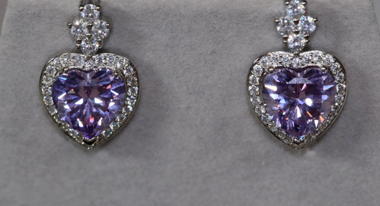 Heart Earrings | Purple Diamond Heart Ear Studs | Ear Studs | Heart Ear Studs