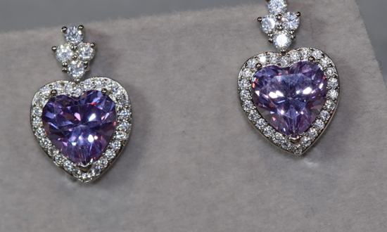 Heart Earrings | Purple Diamond Heart Ear Studs | Ear Studs | Heart Ear Studs