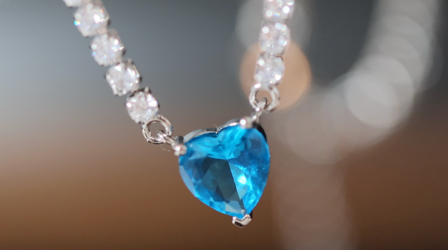 Blue diamond heart Necklace | Tennis Necklace | Blue Diamond Heart Pendant