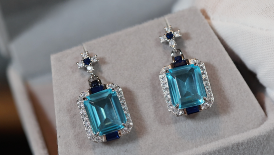 Womens big blue diamond earrings, Blue diamond earrings, Blue emerald cut diamond earrings