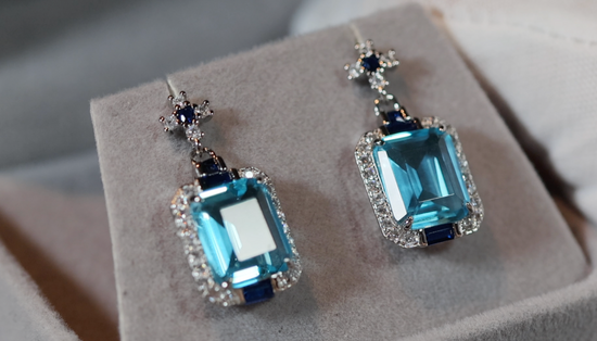 Womens big blue diamond earrings, Blue diamond earrings, Blue emerald cut diamond earrings