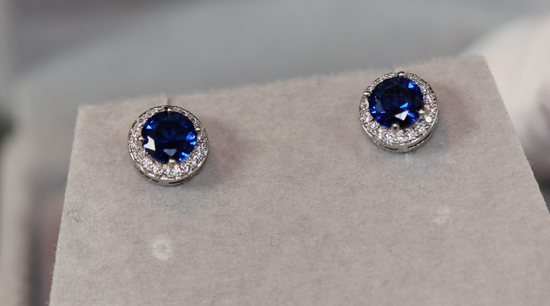 Blue diamond ear studs, Blue diamond earrings, Round sapphire blue ear studs