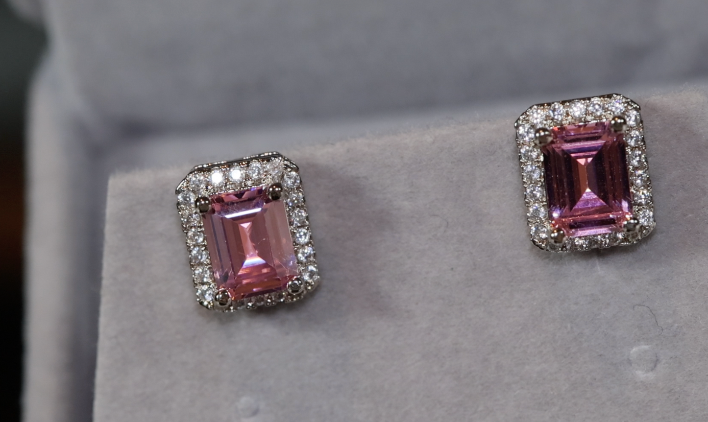 Womens Ear Studs | Pink Diamond Earrings | Emerald Cut Ear Studs | Stud Earrings