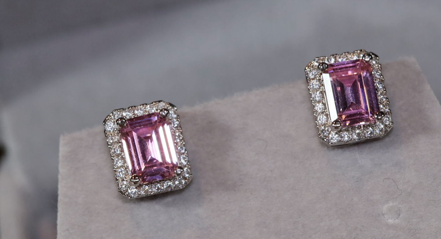 Womens Ear Studs | Pink Diamond Earrings | Emerald Cut Ear Studs | Stud Earrings