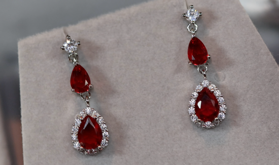 Red Pear Cut Diamond Earrings | Red Gemstone Earrings | Womens Ruby Earrings | Red Diamond Earrings