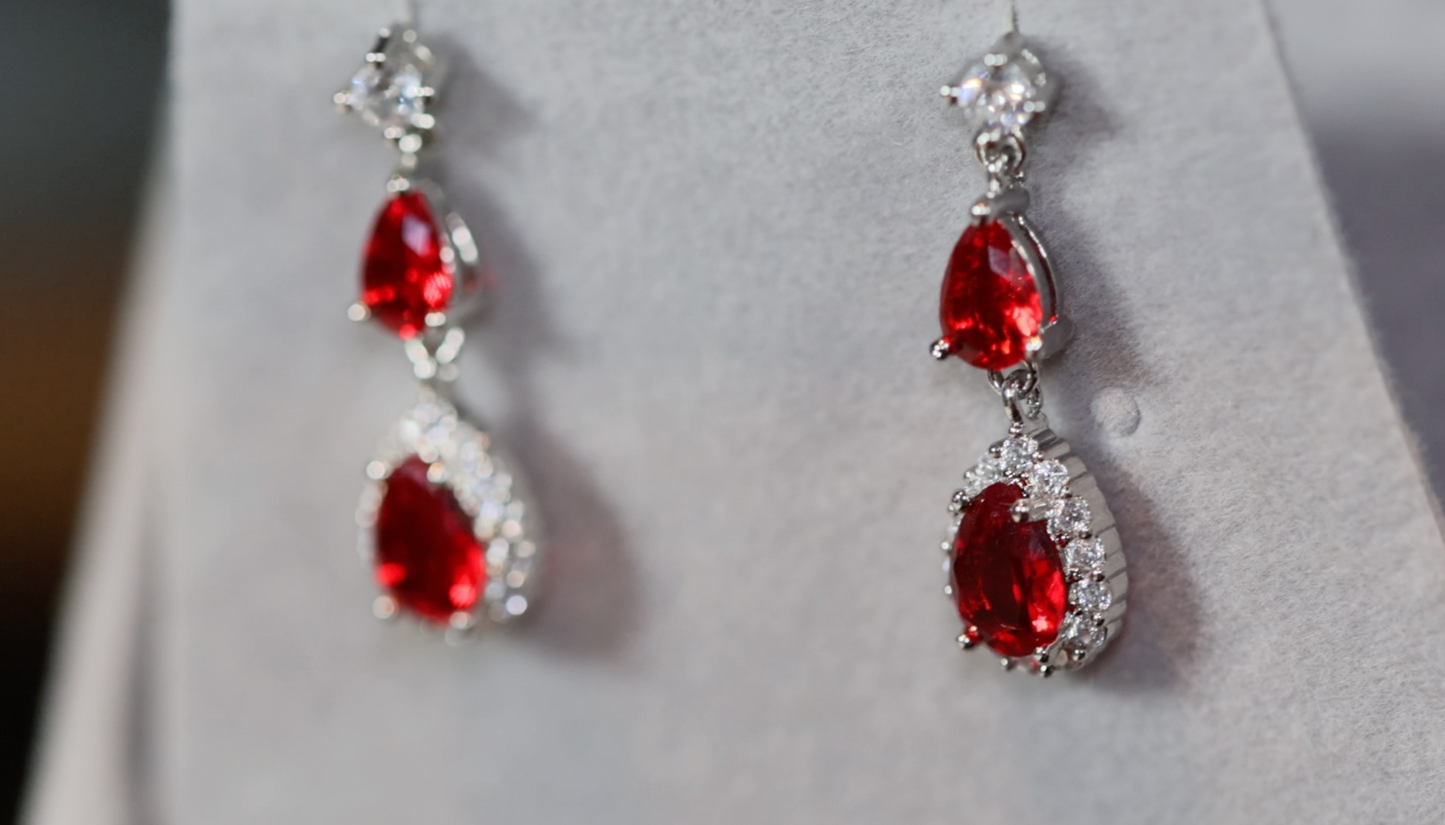 Red Pear Cut Diamond Earrings | Red Gemstone Earrings | Womens Ruby Earrings | Red Diamond Earrings