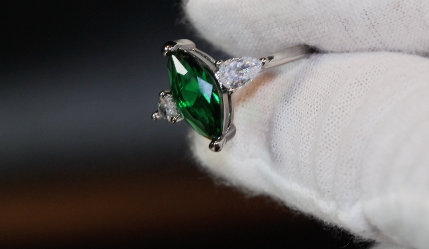 Green marquise diamond ring, Emerald green diamond ring