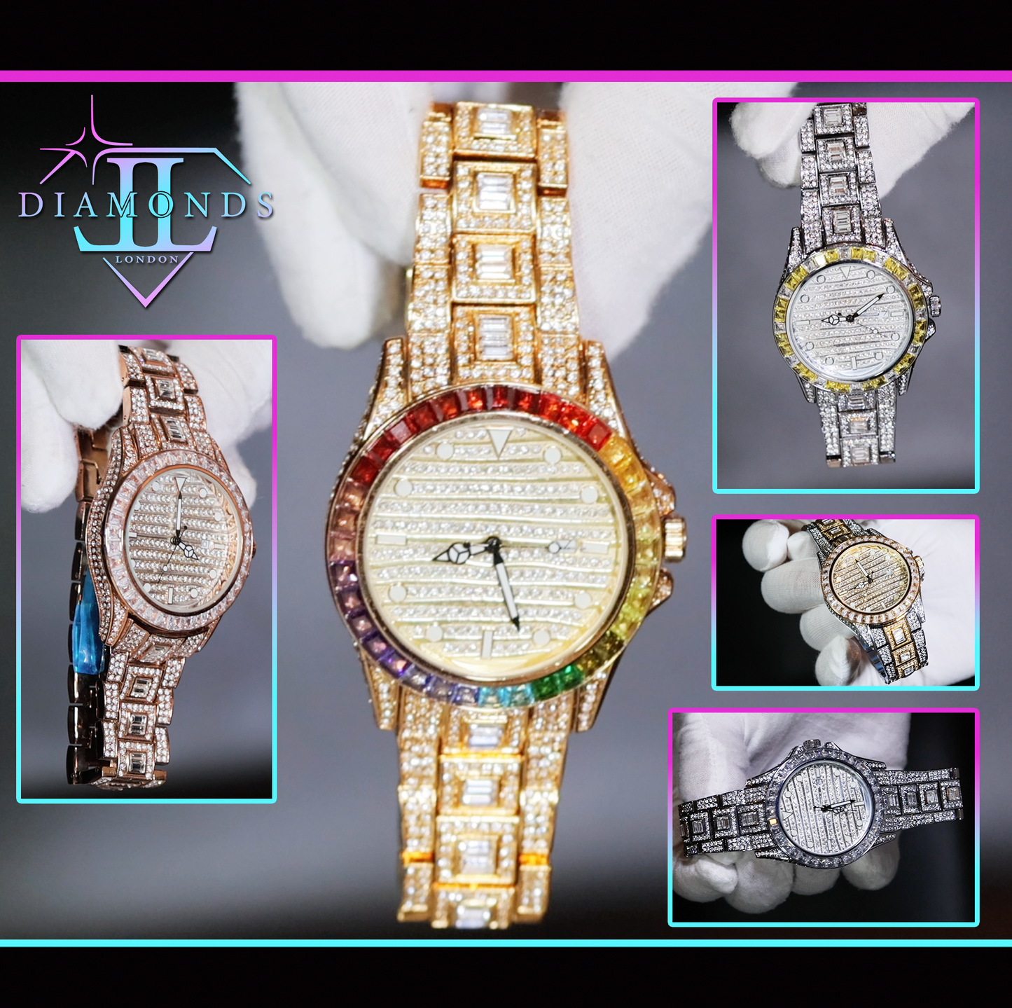 Iced Out Watch | Iced Watch | Mens Iced Out Watch | Hip Hop Watch | Baguette Watch | Diamond Watches | Rainbow Bezel Watch  | Rainbow Watch