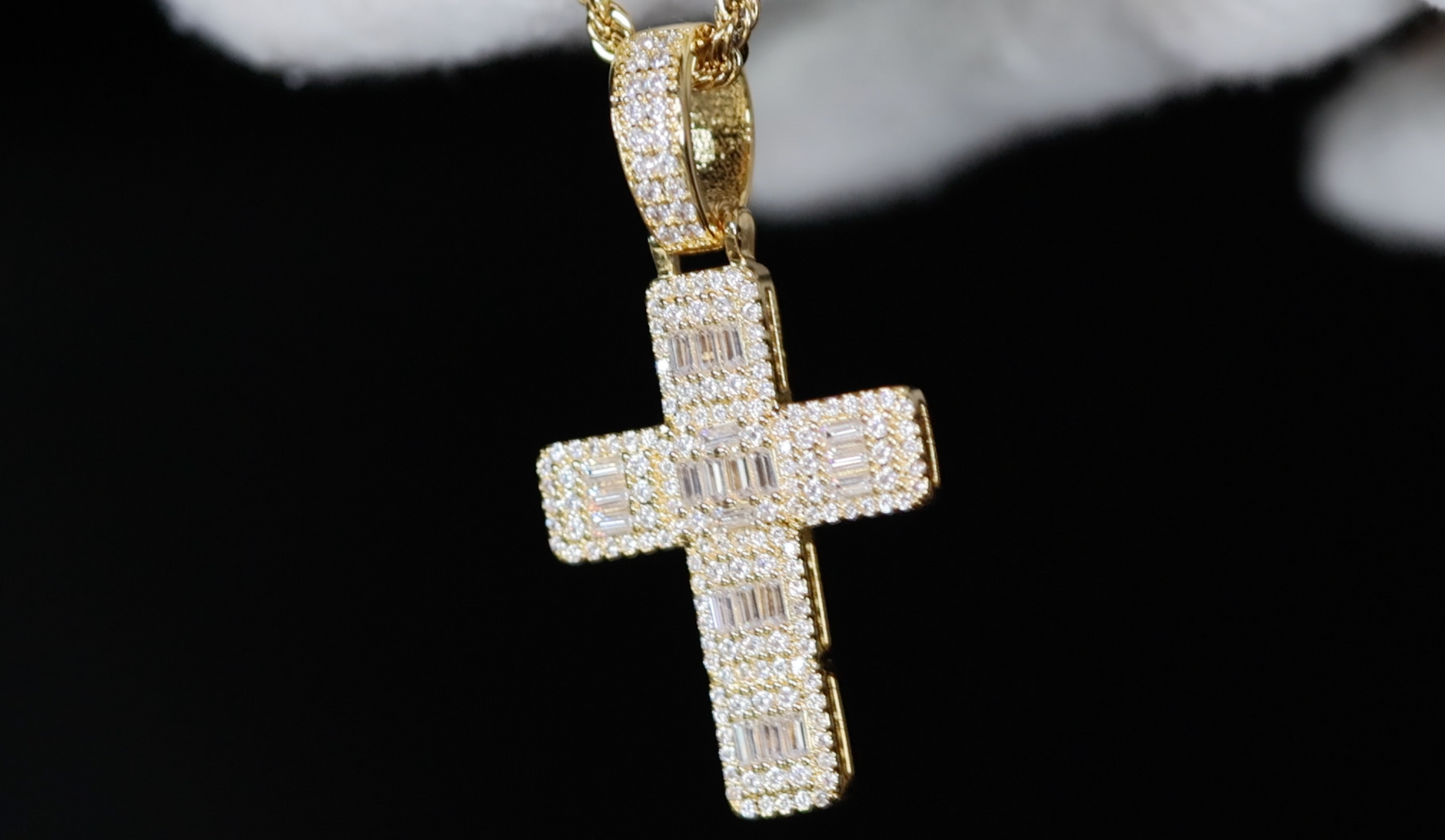 Gold Cross Necklace | Gold Baguette Cut Diamond Cross Pendant