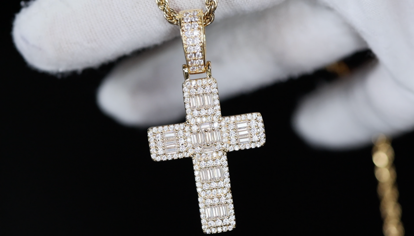 Gold Cross Necklace | Gold Baguette Cut Diamond Cross Pendant