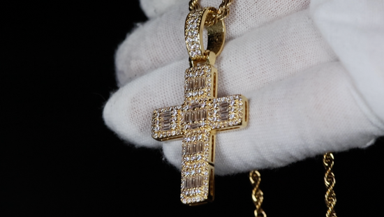 Gold Cross Necklace | Gold Baguette Cut Diamond Cross Pendant