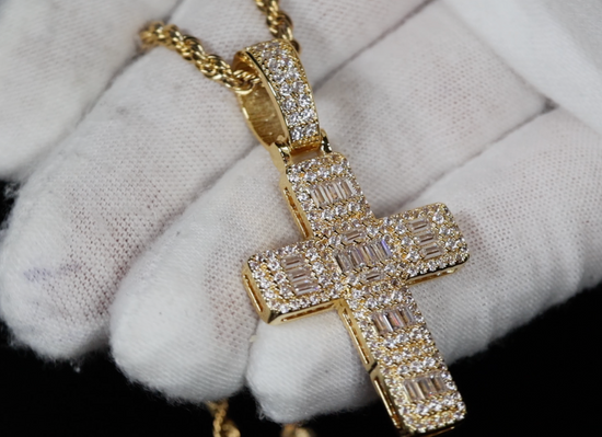 Gold Cross Necklace | Gold Baguette Cut Diamond Cross Pendant