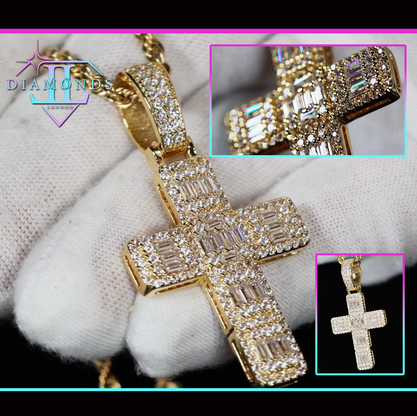 Gold baguette cross necklace