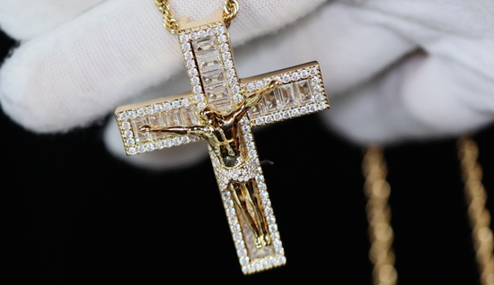 Gold iced out jesus cross, Gold baguette cross, Diamond cross pendant, Iced out cross pendant