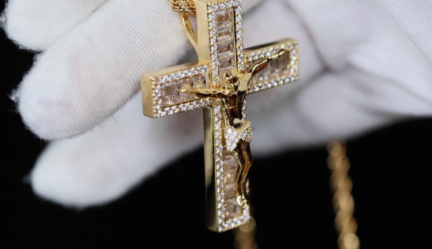 Gold iced out jesus cross, Gold baguette cross, Diamond cross pendant, Iced out cross pendant